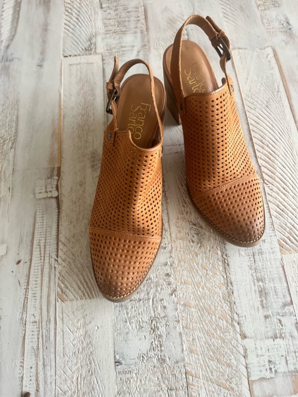Franco Sarto Perforated Slingback Shoes - Cognac Brown